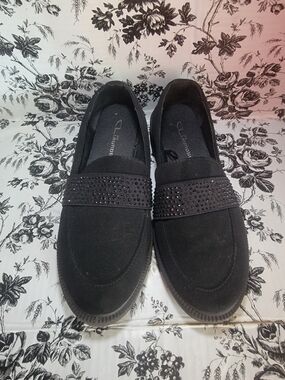 Black Womens  Slip-On Loafers with Studded Strap